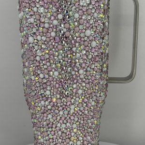 24oz Stainless steel curved tumbler with handle and plastic adjustable lid With glass multi colored pink rhinestones and pink and white ceramic pearls