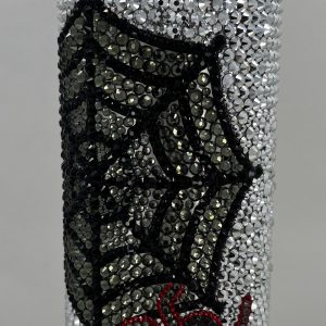 30 oz stainless steel straight Tumblr with plastic adjustable lid Silver glass rhinestones with black and gray glass rhinestone web and two gray and red glass rhinestone spiders